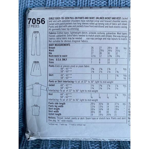 Simplicity 7056 Sewing pattern girls skirt pant jacket vest size 10 - Picture 4 of 5